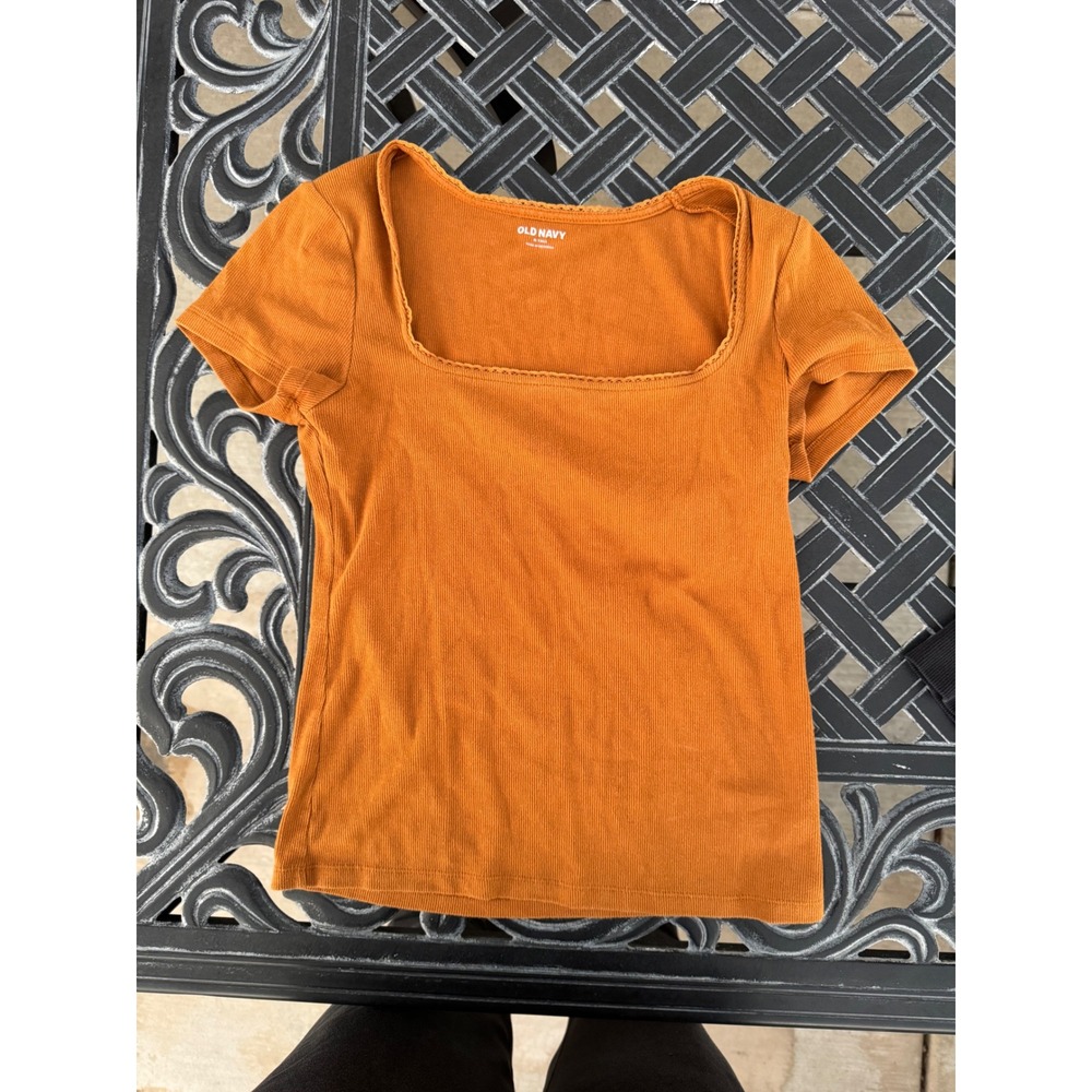 Old Navy Womens Ribbed Square Neck Lace Trim Top Burnt Orange M Tall